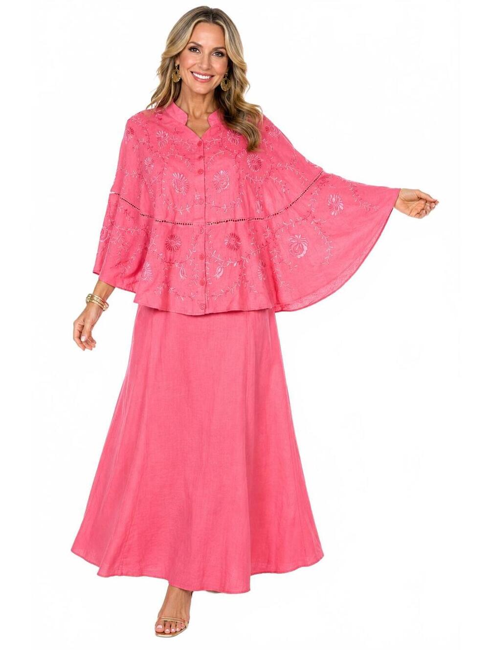 Donnavinci Embroidered Ramie Cape & Maxi Skirt Set - Church / Mother of Bride